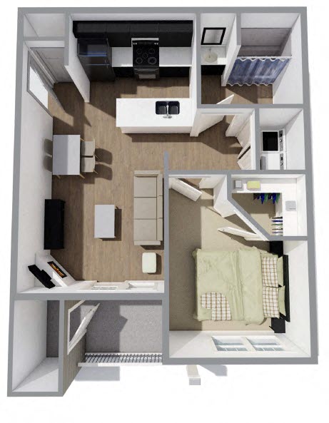 Floor plan for 1 bed, 1 bath, 684 sqft